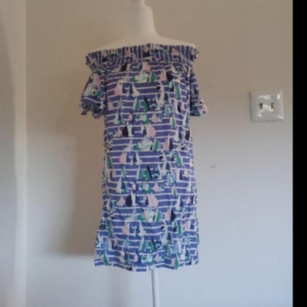 NWT Vineyard Vines Harbor Scene Off the Shoulder Dress in Marlin Sz XXS
